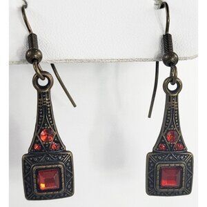 Antique Brass Tone Earrings with Red Gems